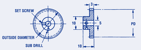 SPUR GEAR, PIN HUB, 0,25 mod, 3mm face, 5mm bore