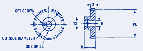 SPUR GEAR, PIN HUB, 0,4 mod., 3mm face, 8mm bore