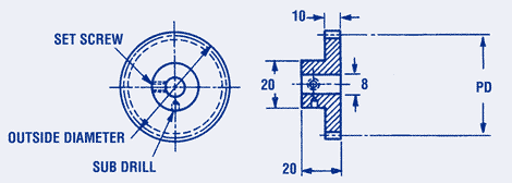 SPUR GEAR, PIN HUB, 1,0 mod., 10mm face, 8mm bore